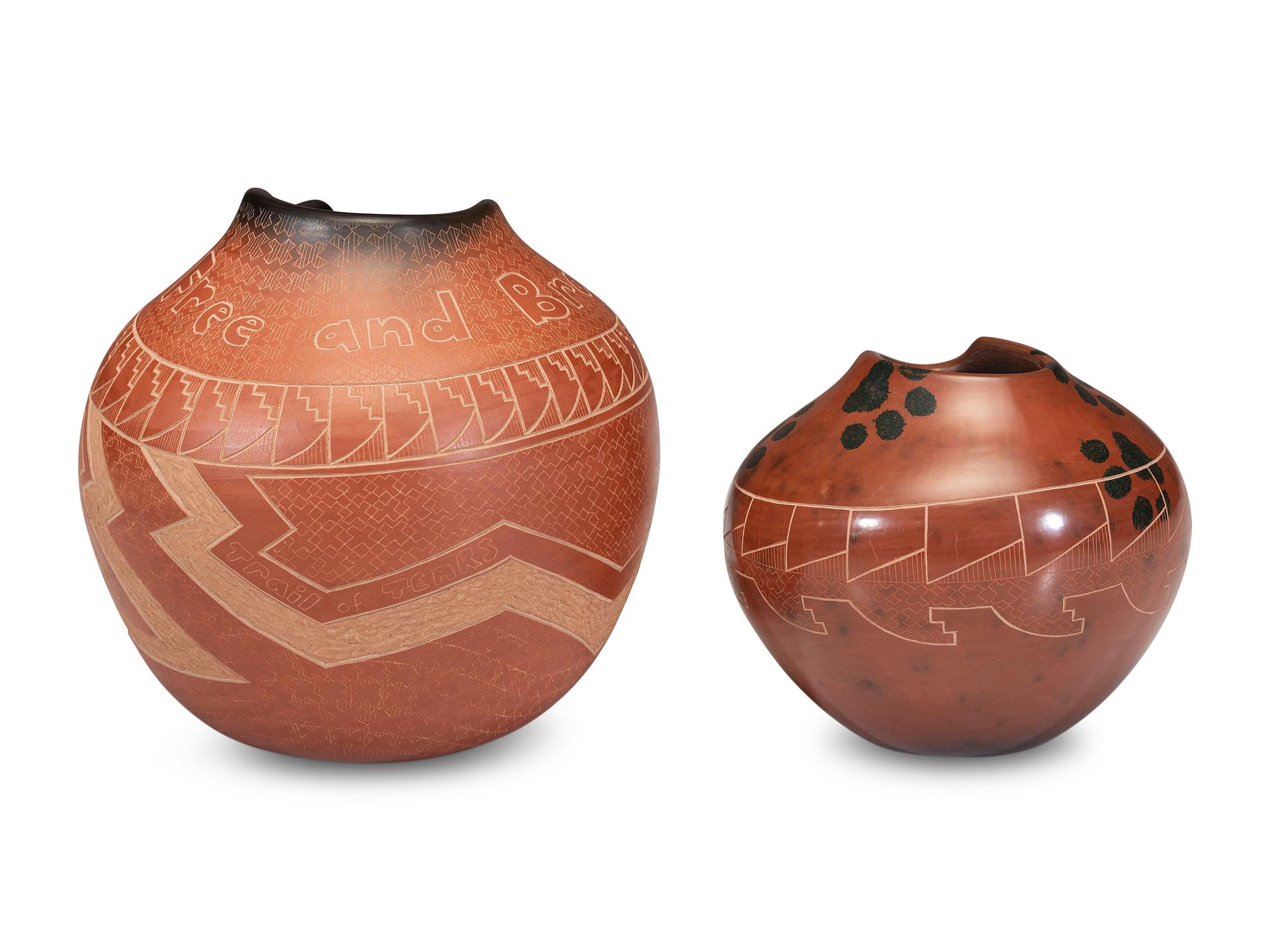 Pair of Redware Sgraffito Pottery Jars