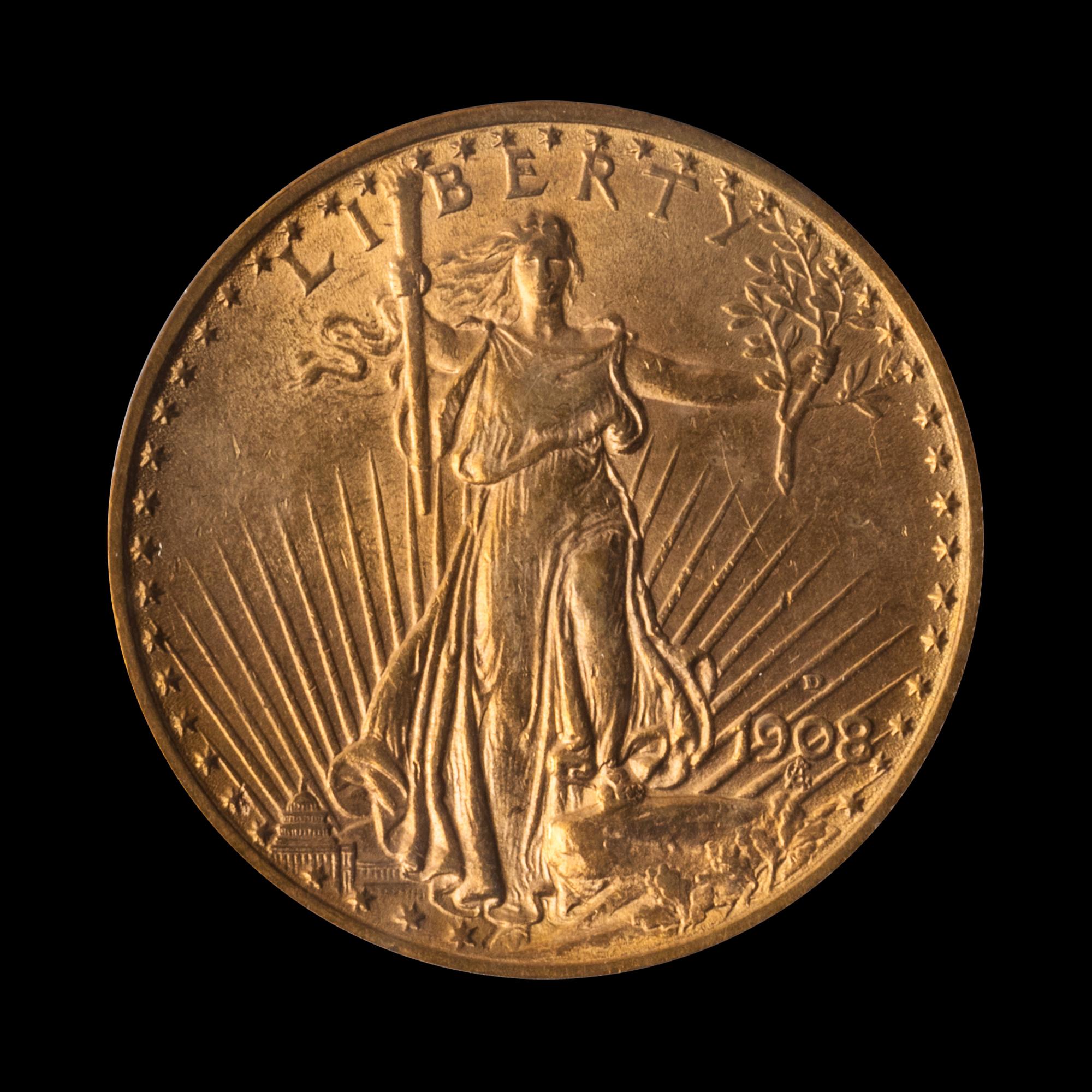 A United States 1908-D St. Gaudens: Motto $20 Gold Coin