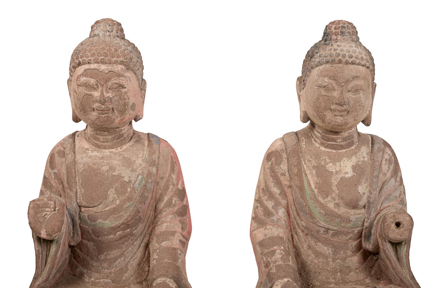 Two Chinese Carved Stone Seated Figures on a Rectangular Base with Remnants of Polychrome Decoration