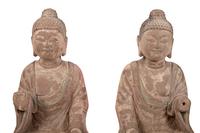 Two Chinese Carved Stone Seated Figures on a Rectangular Base with Remnants of Polychrome Decoration