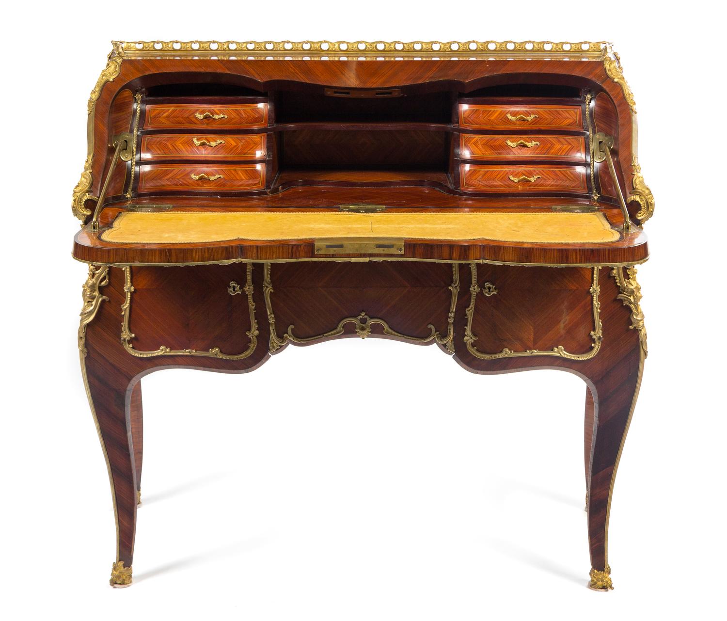 A Louis XV Style Gilt Bronze Mounted Marquetry Bureau en Pente Height 42 x width 47 x depth 21 inches. — POSSIBLY GERMAN, 19TH CENTURY
