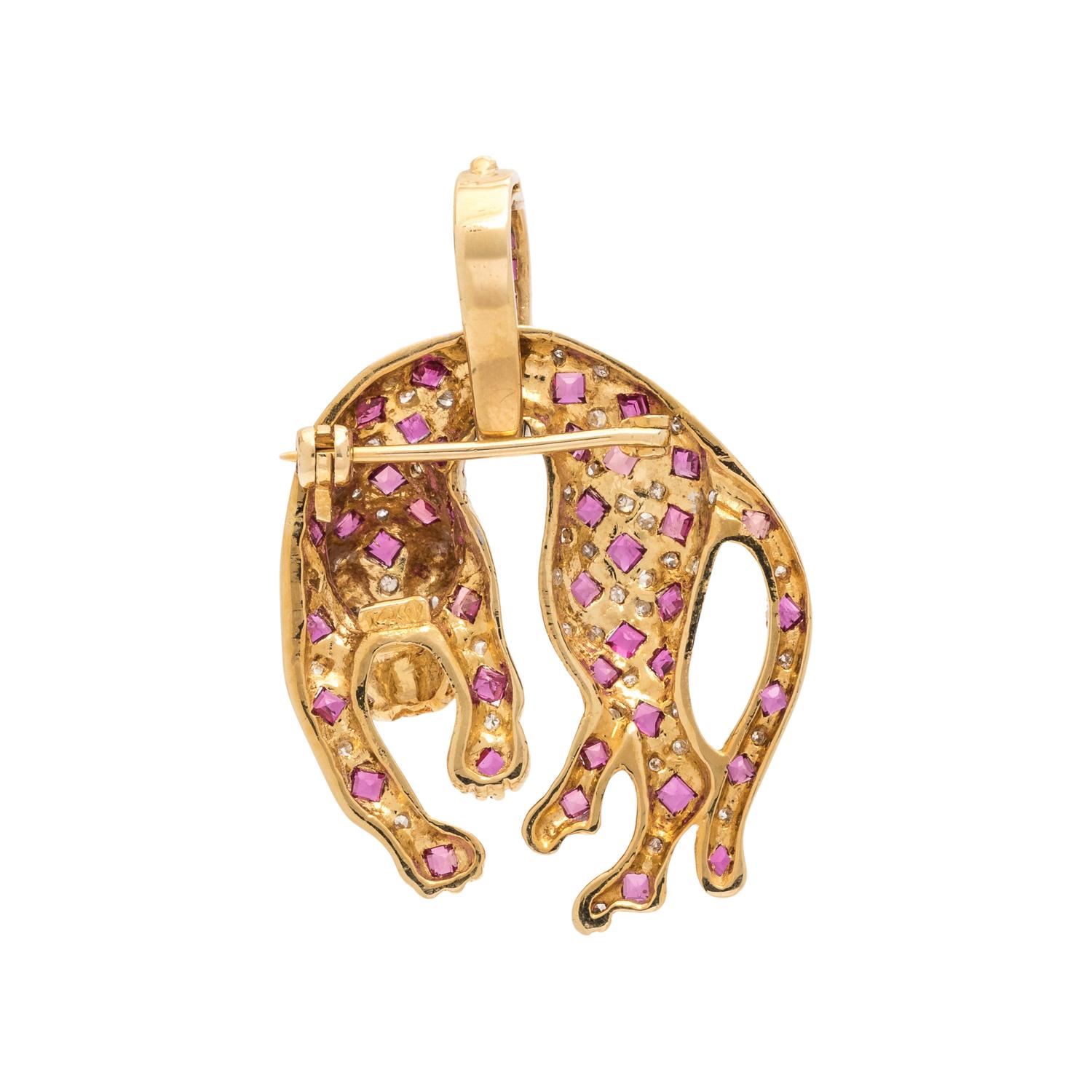 SYNTHETIC RUBY AND DIAMOND LEOPARD PENDANT/BROOCH