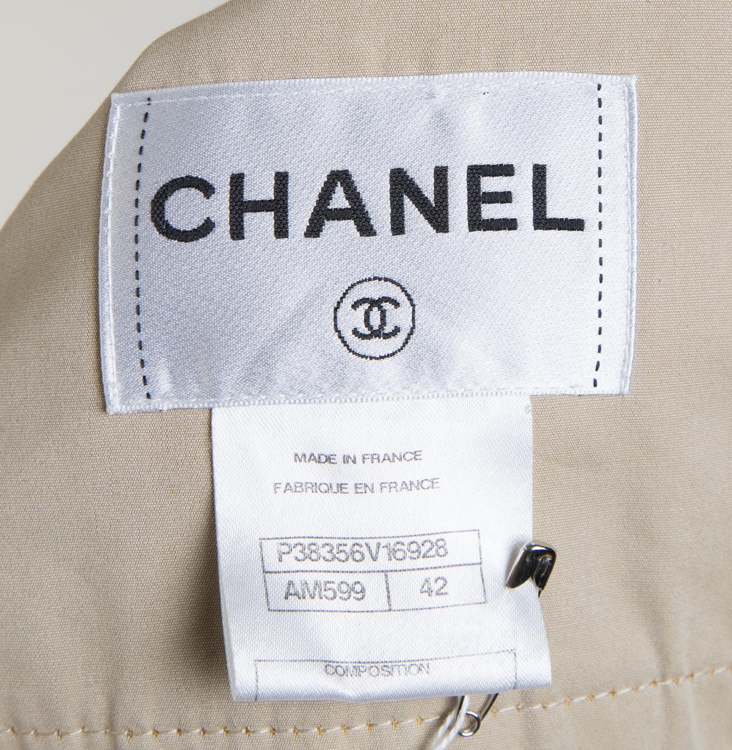 A Chanel Khaki Cotton Double Breasted Trench Coat, Size 42; Belt: 59.5" x 2".