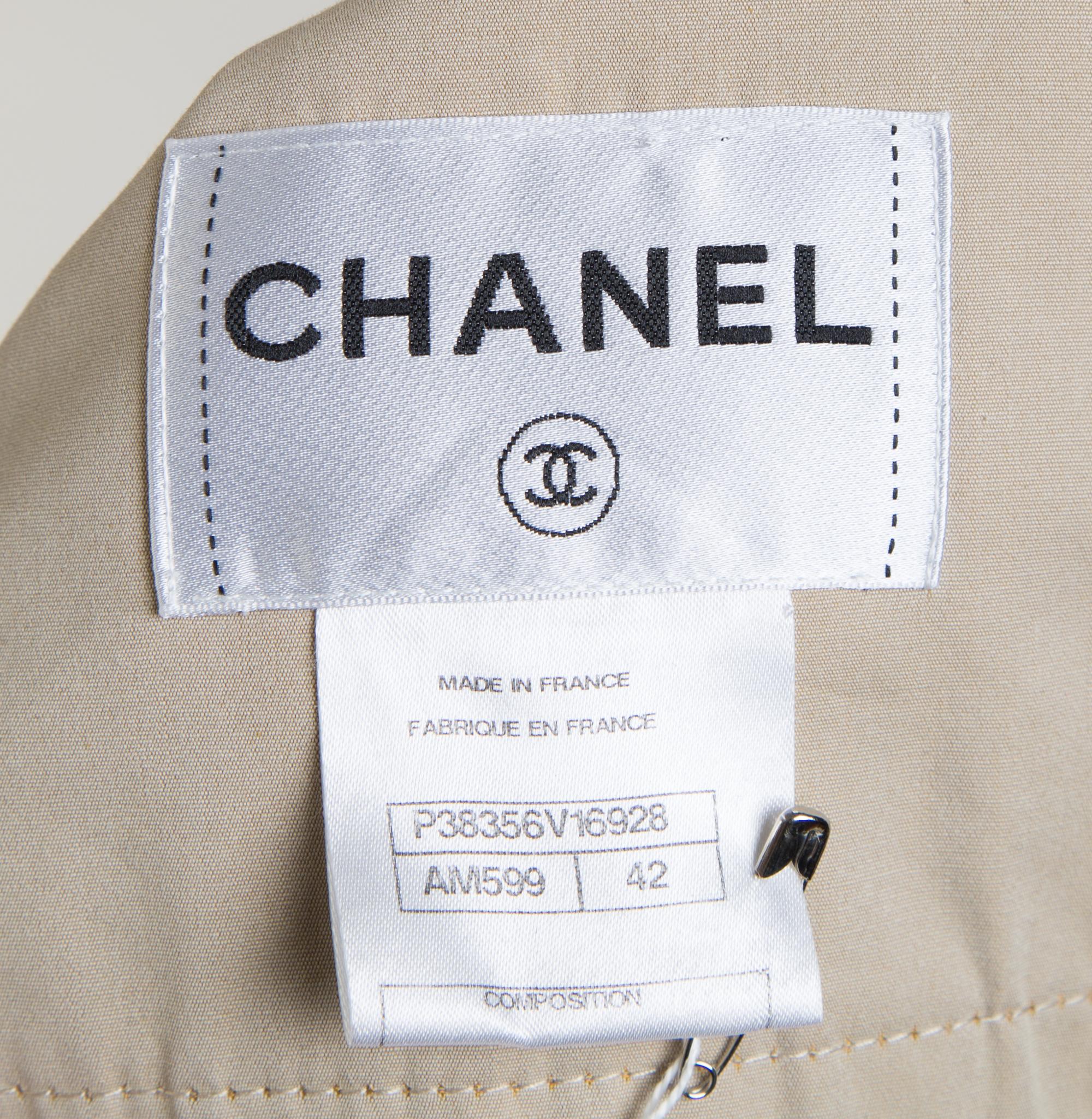 A Chanel Khaki Cotton Double Breasted Trench Coat, Size 42; Belt: 59.5" x 2".