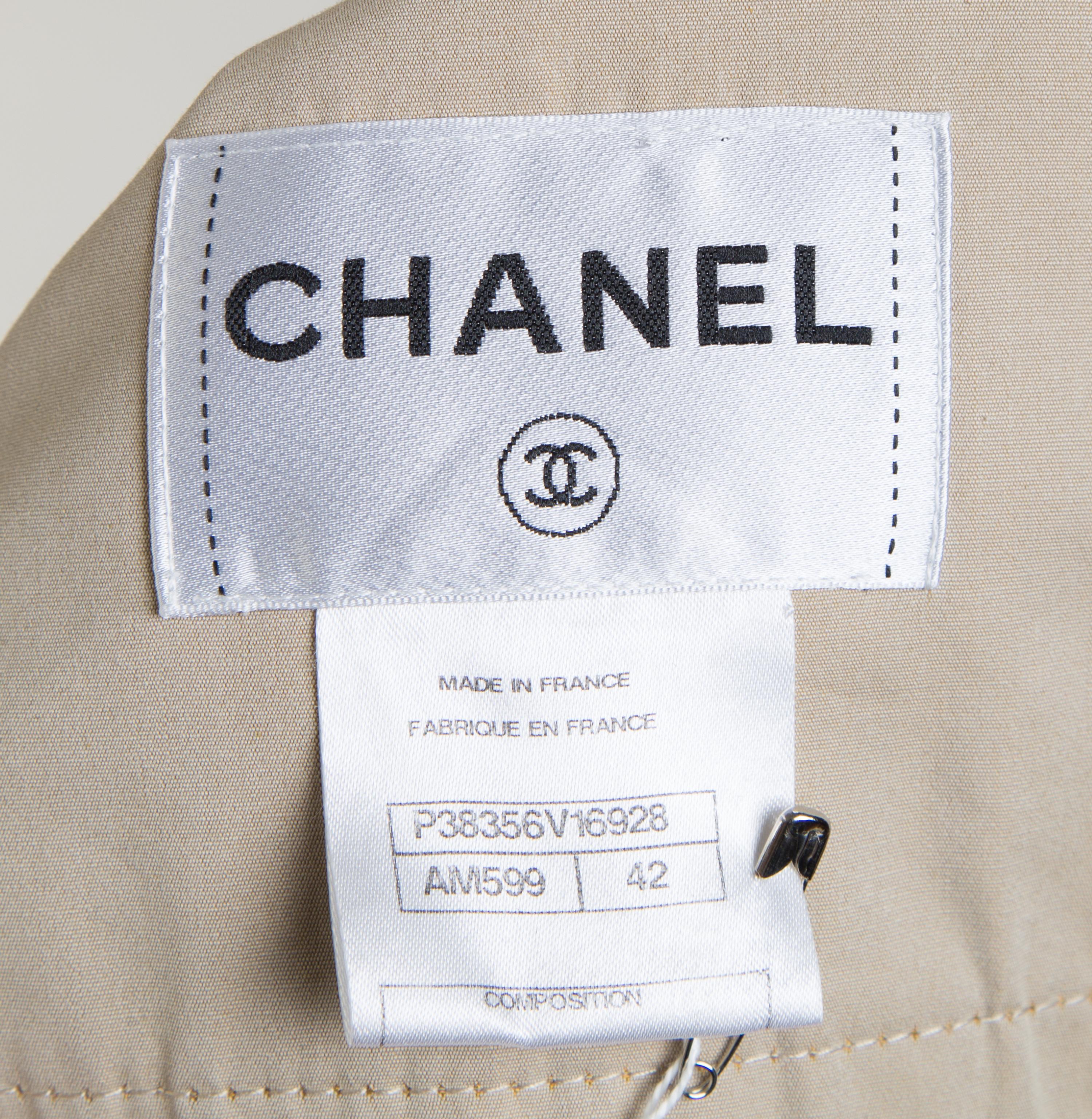 A Chanel Khaki Cotton Double Breasted Trench Coat, Size 42; Belt: 59.5" x 2".