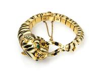 An 18 Karat Yellow Gold, Platinum, Diamond, Emerald and Polychrome Enamel Tiger Bracelet, David Webb, Circa 1965, 52.70 dwts.