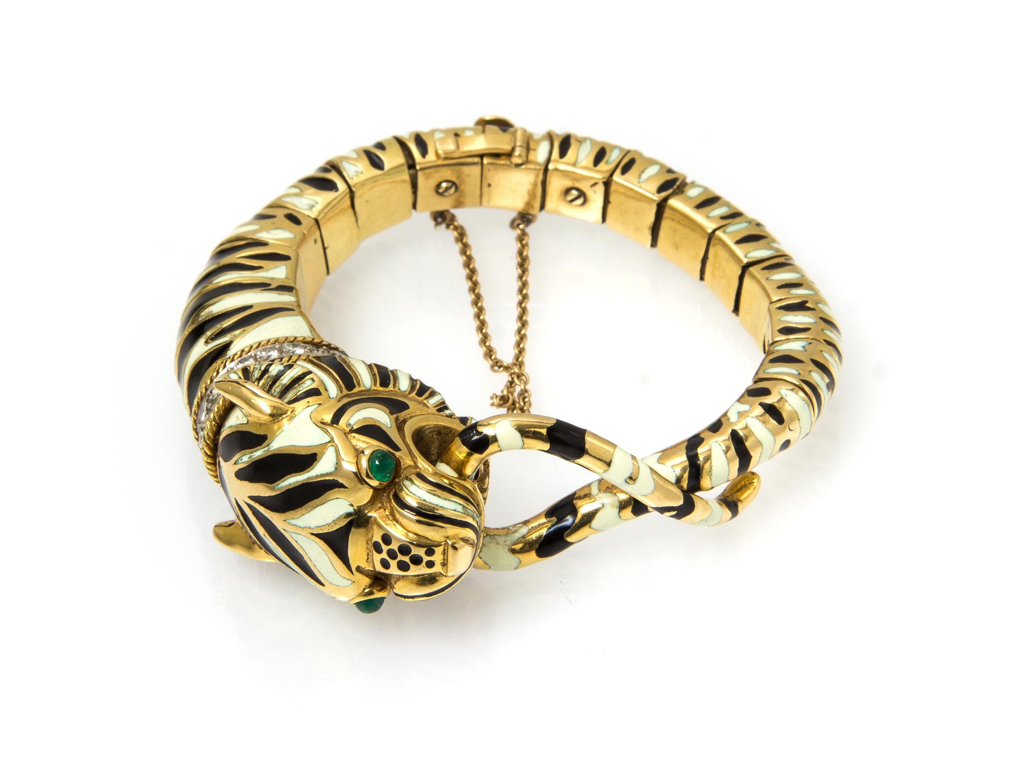 An 18 Karat Yellow Gold, Platinum, Diamond, Emerald and Polychrome Enamel Tiger Bracelet, David Webb, Circa 1965, 52.70 dwts.