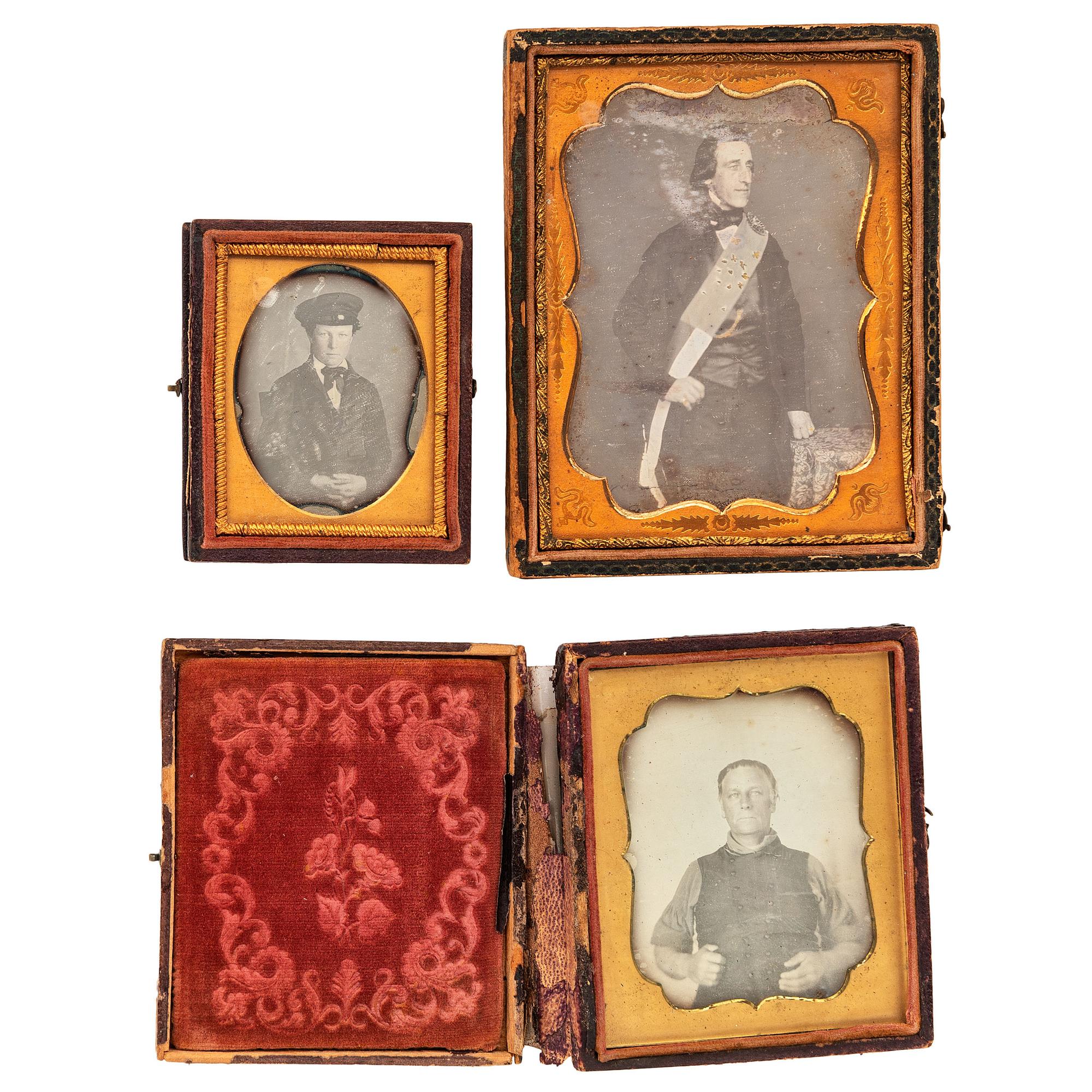 [EARLY PHOTOGRAPHY - PORTRAITURE]. A group of 14 daguerreotype portraits of men with interesting accessories or garments, including: