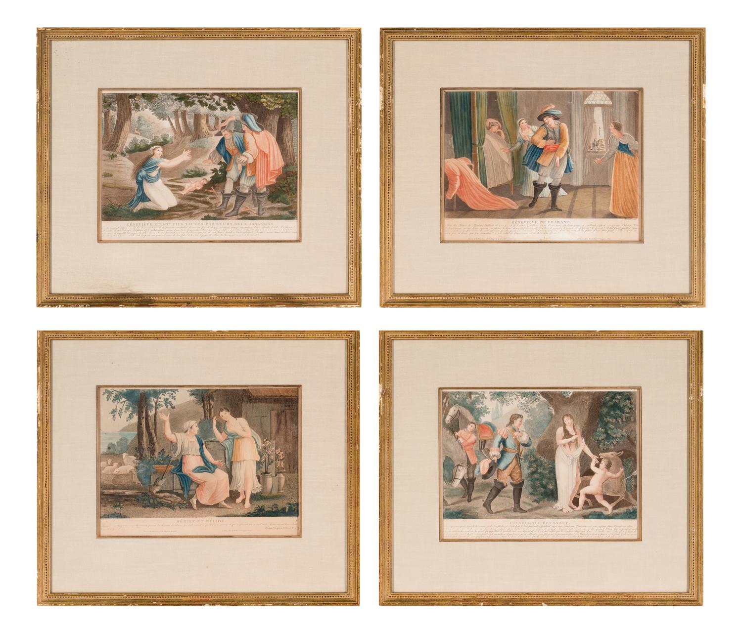 A Set of Four French Hand-Colored Engravings in Giltwood Frames
