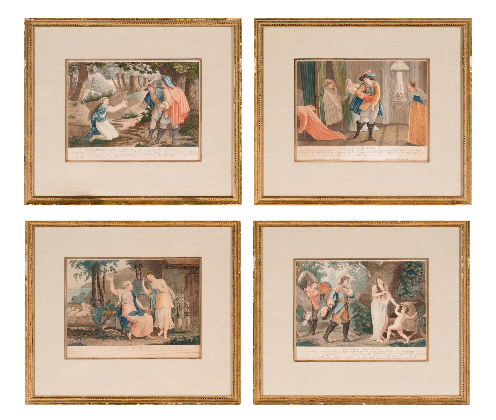 A Set of Four French Hand-Colored Engravings in Giltwood Frames