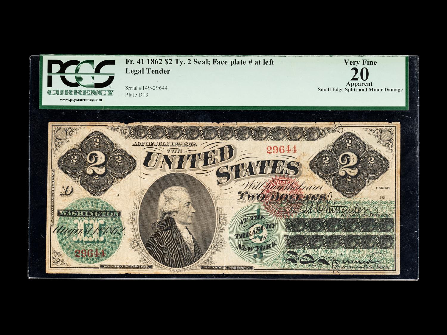 A Series 1862 $2: Type II Legal Tender Note [Fr. 41] (PCGS VF20 Apparent; Edge Splits and Minor Damage)