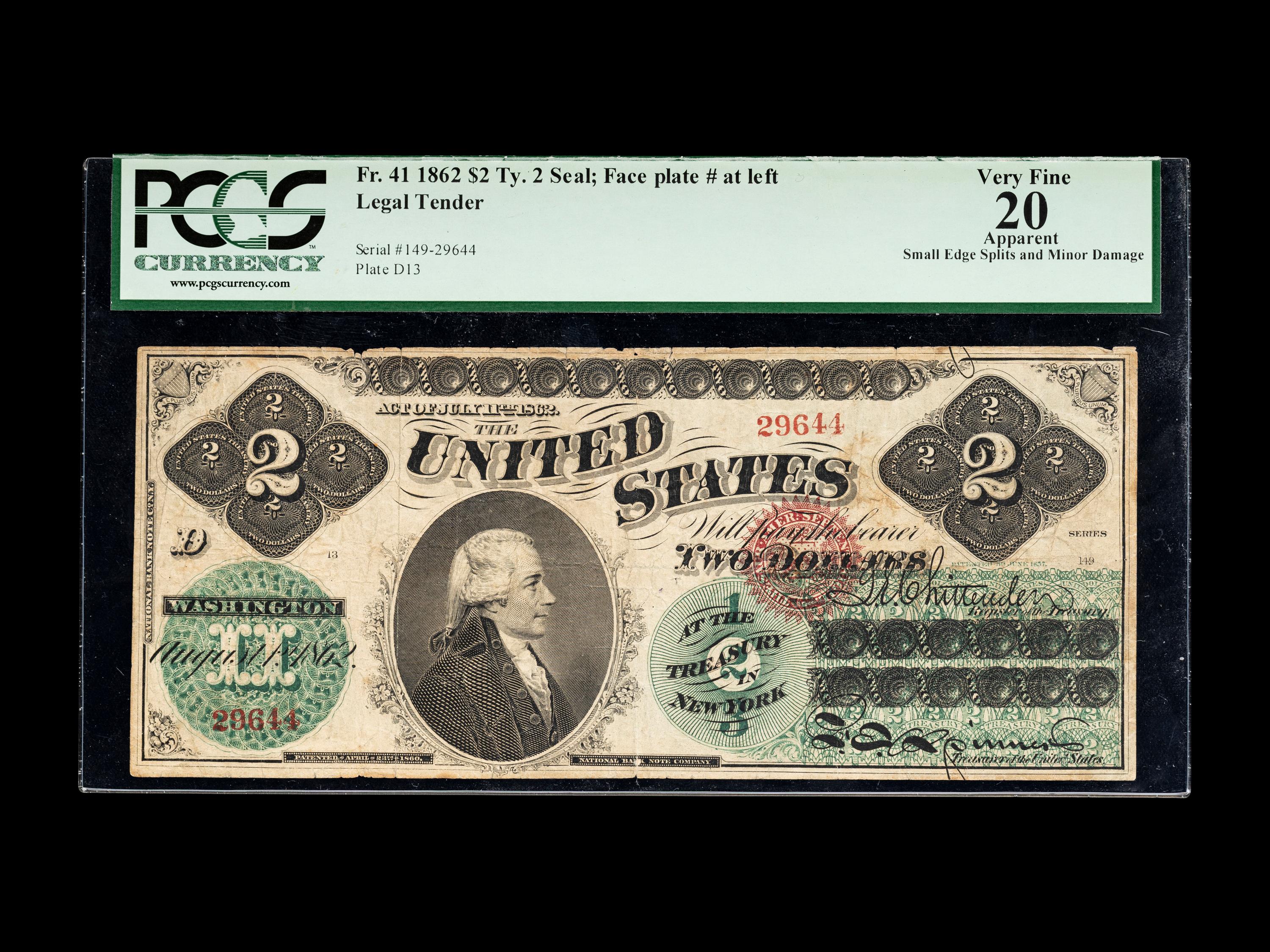 A Series 1862 $2: Type II Legal Tender Note [Fr. 41] (PCGS VF20 Apparent; Edge Splits and Minor Damage)