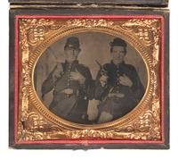 [CIVIL WAR]. Sixth plate tintype of two US Infantry privates holding uncommon pistols, including possible Volcanic pistol.