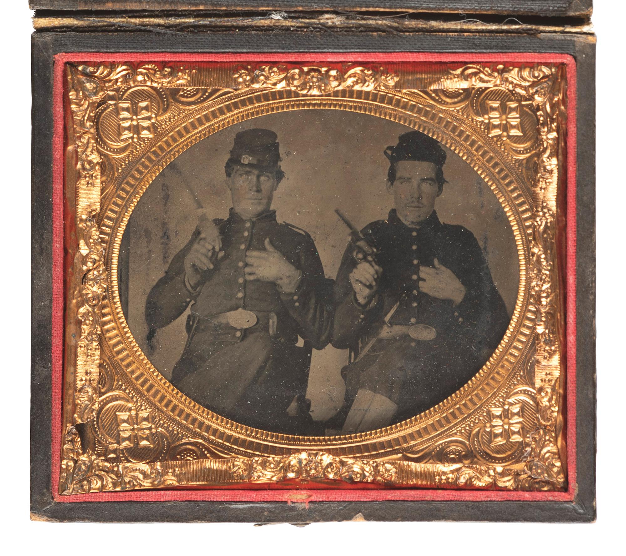 [CIVIL WAR]. Sixth plate tintype of two US Infantry privates holding uncommon pistols, including possible Volcanic pistol.