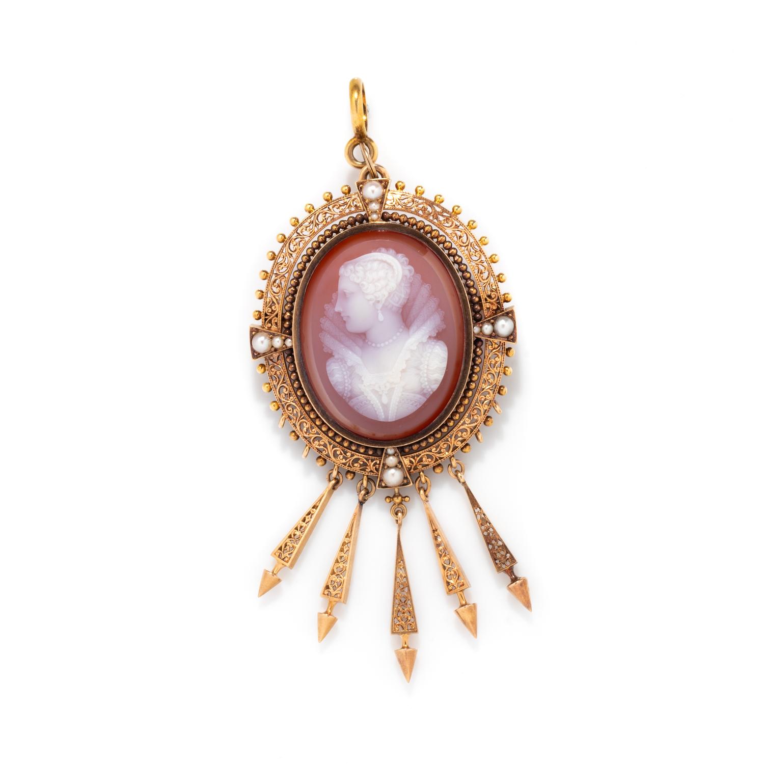 VICTORIAN, YELLOW GOLD AND SEED PEARL CAMEO BROOCH