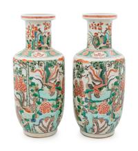 A Pair of Wucai Porcelain Rouleau Vases
