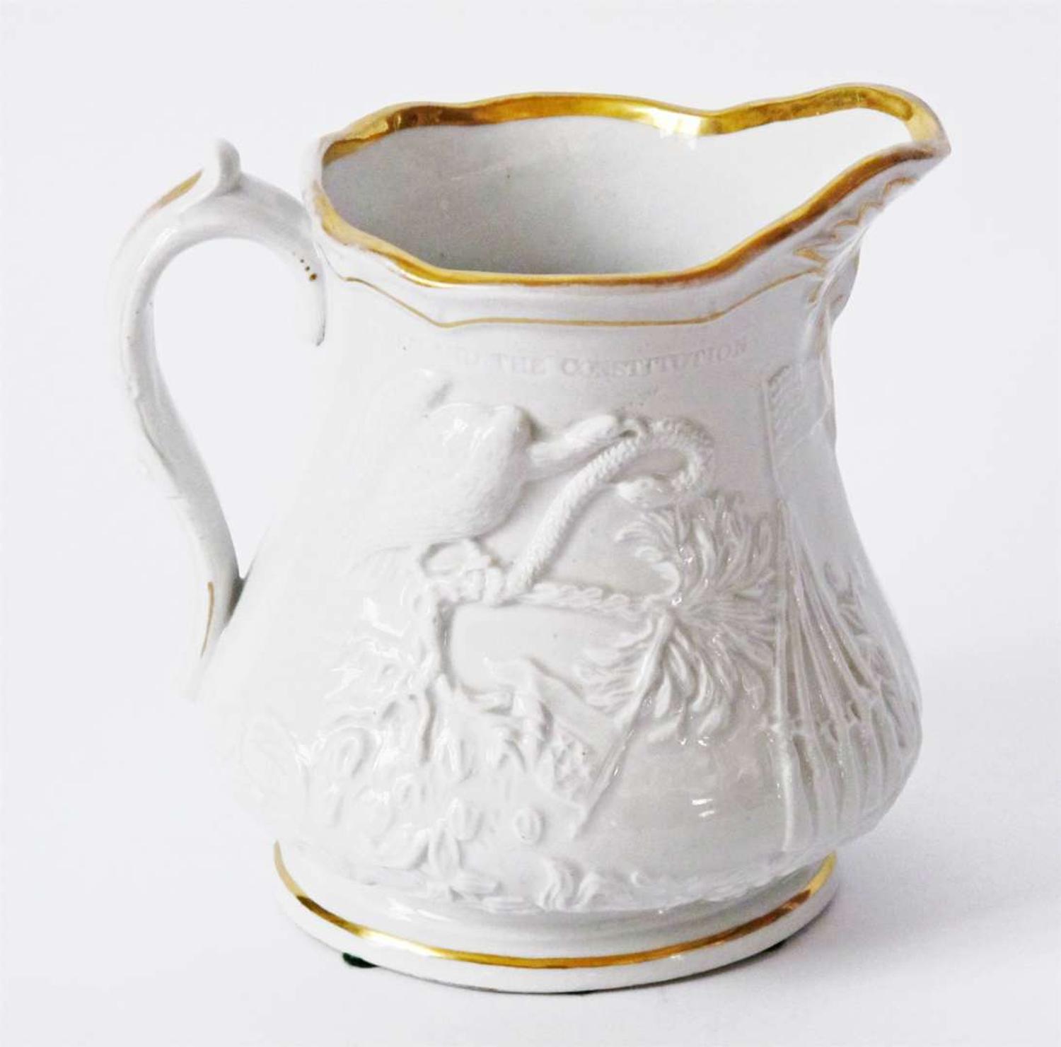 Commemorative stoneware pitcher millington astbury & poulson, trenton, nj, circa 1865