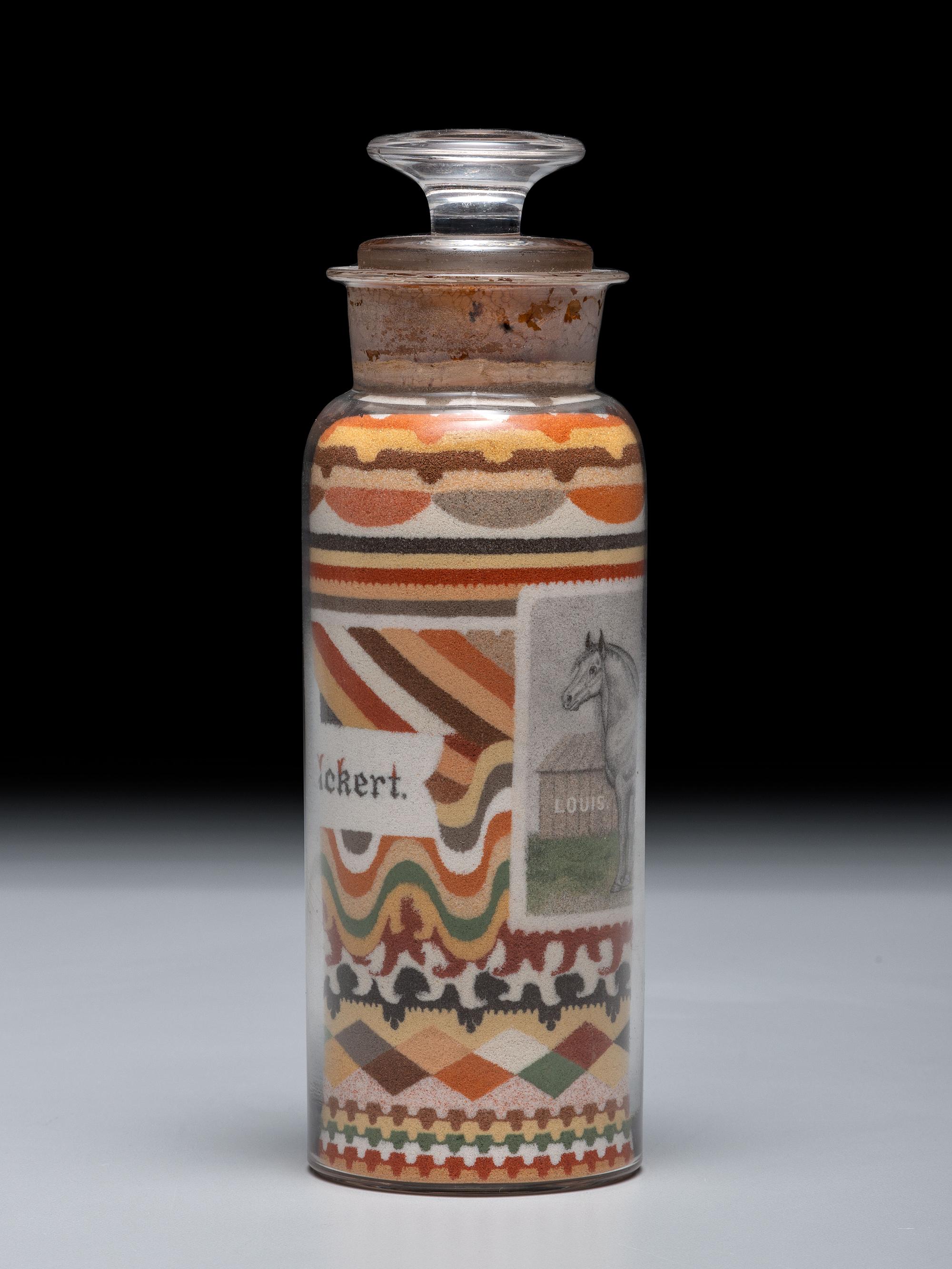 An Andrew Clemens (American, 1857-1894) Labeled Sand Bottle with Percheron Horse