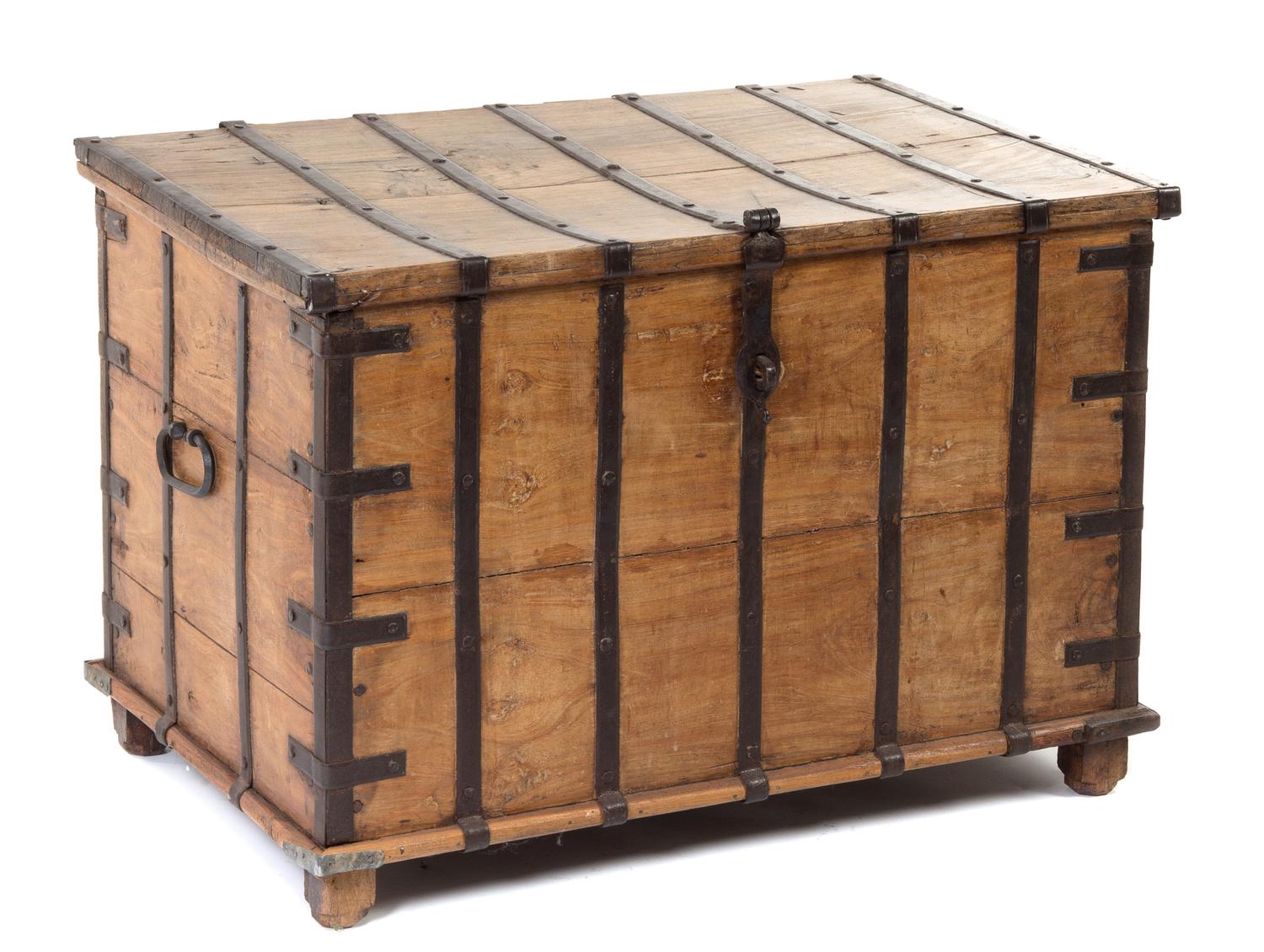 An American Wrought Iron Mounted Walnut Chest Height 22 1/2 x width 32 3/4 x depth 21 inches.
