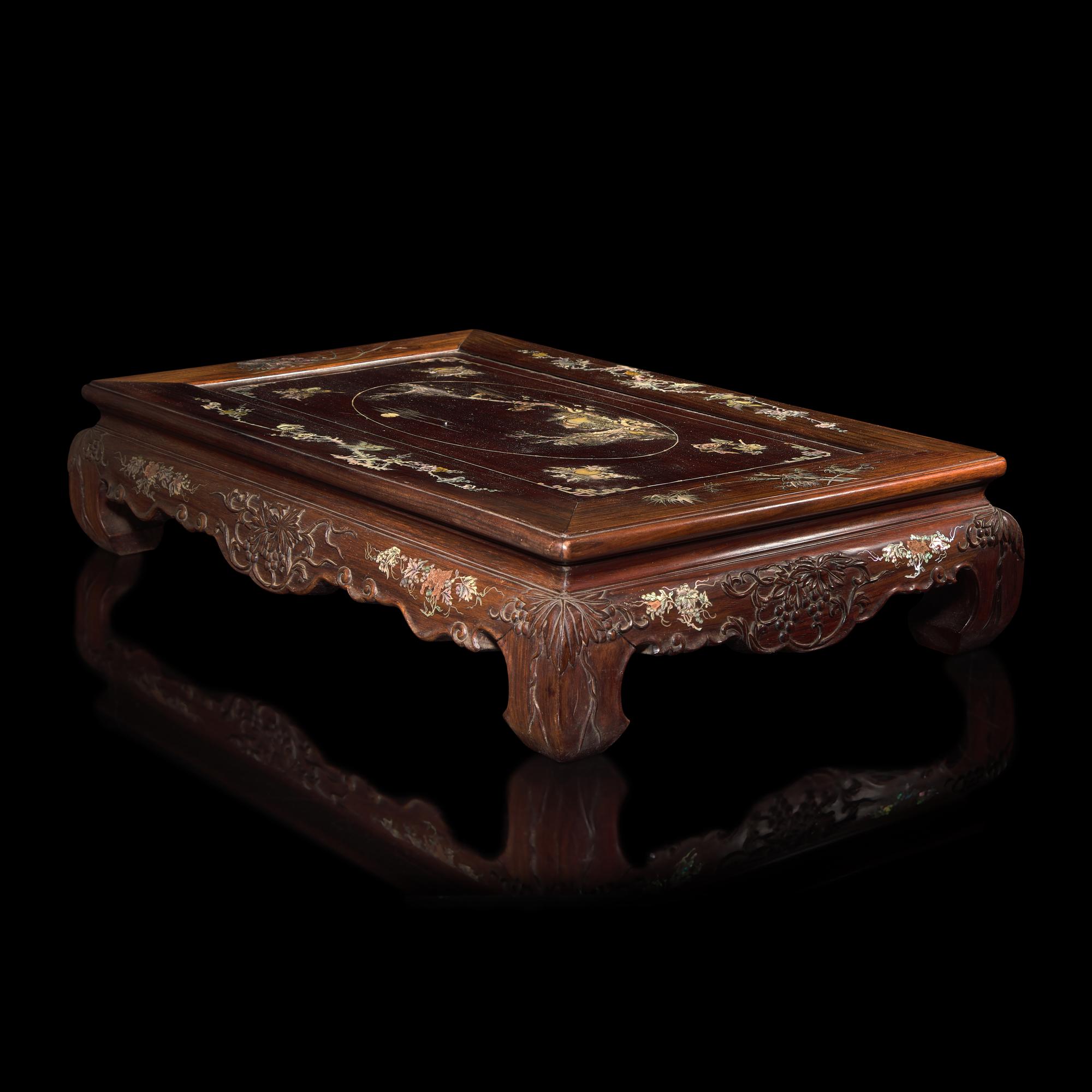 A Finely-Carved and Inlaid Hardwood Small Low Table, First Half of 20th Century — 民國 硬木嵌螺鈿方座