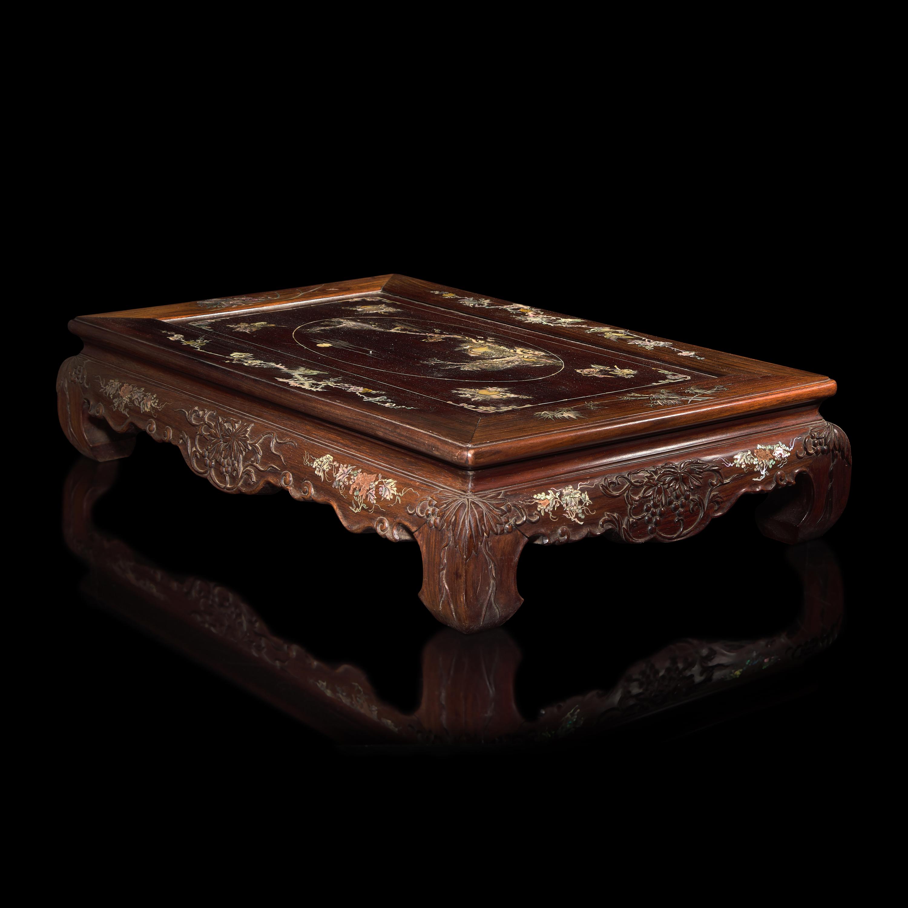 A Finely-Carved and Inlaid Hardwood Small Low Table, First Half of 20th Century — 民國 硬木嵌螺鈿方座