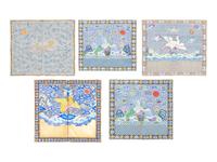 Thirteen Embroidered and Woven Silk Articles