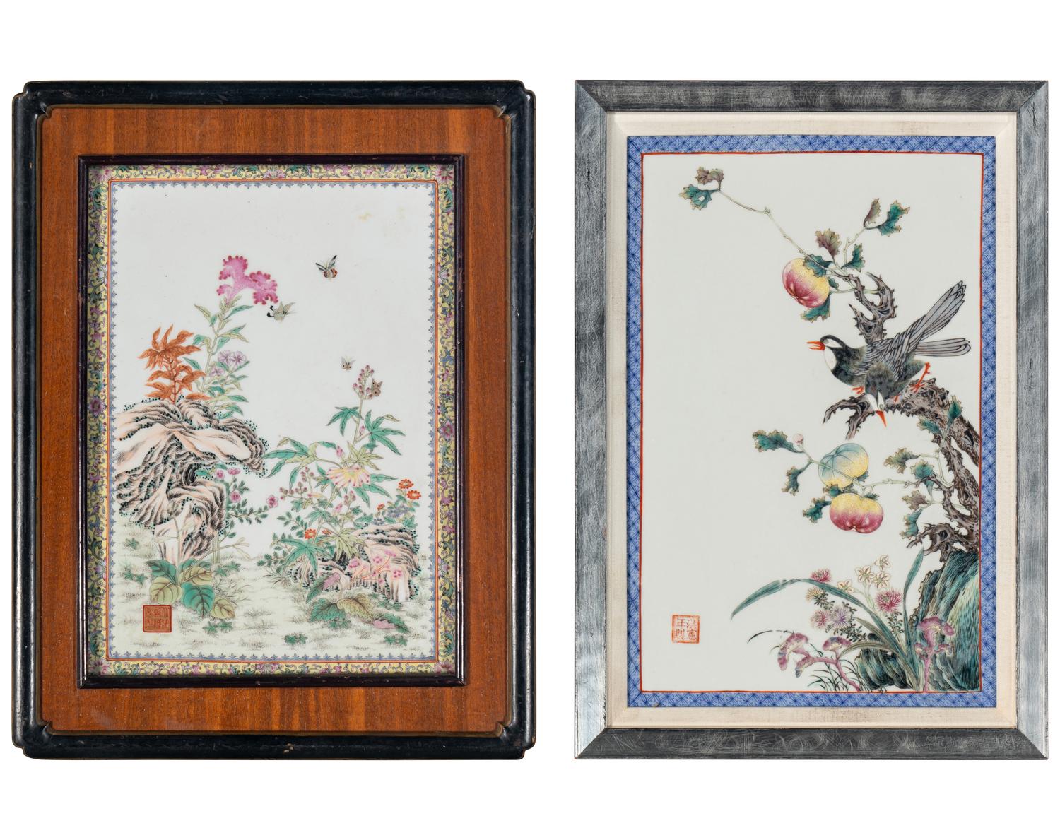 Two Chinese Famille Rose 'Flowers' Porcelain Hanging Panels