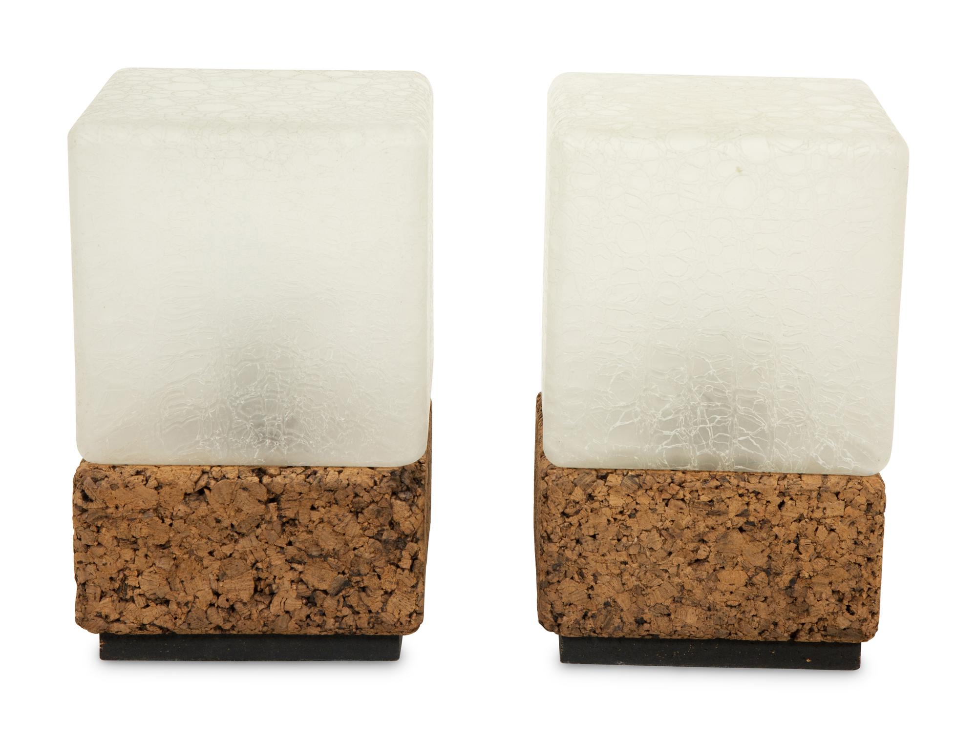 A Pair of Cork and Frosted Crackle Glass Ice Cube Table Lamps
