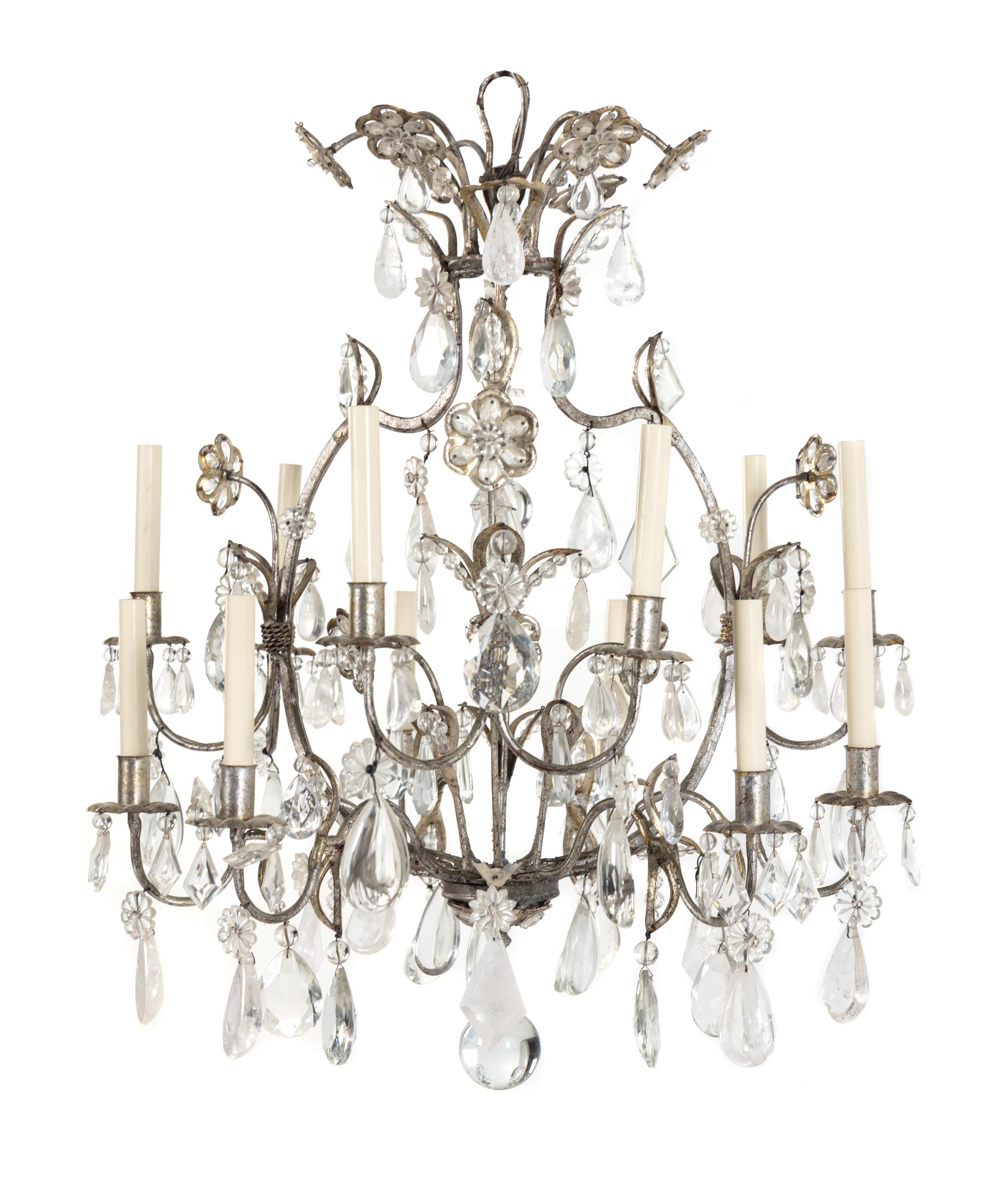 A Silvered Lead and Rock Crystal Twelve-Light Chandelier