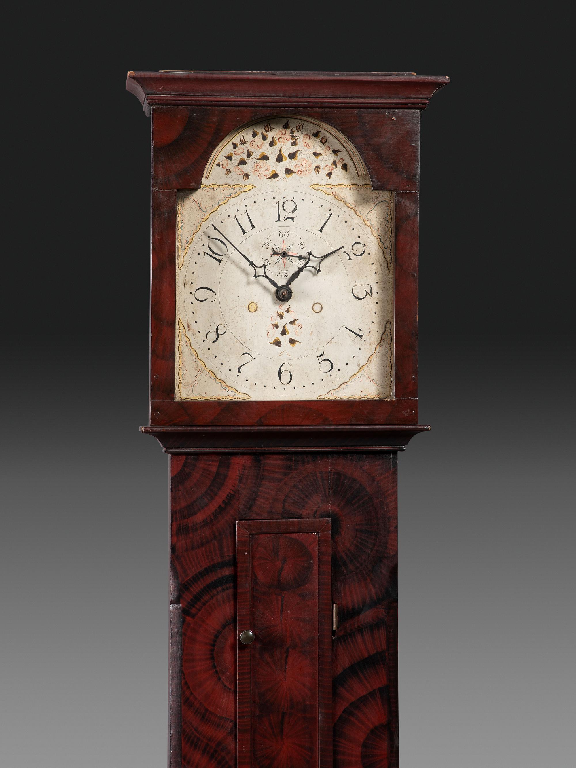 A Grain Paint Decorated Tall Case Clock