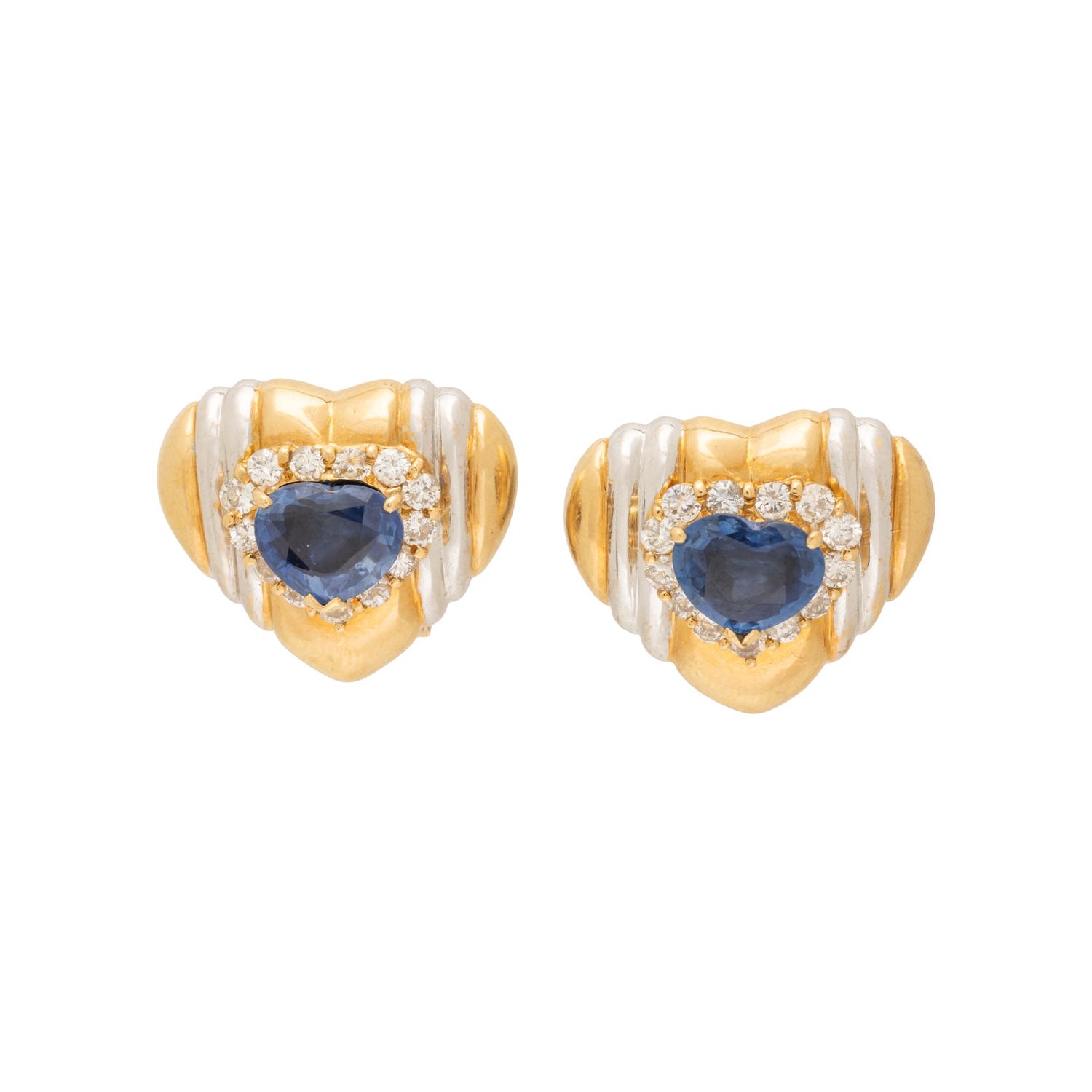 BICOLOR GOLD, SAPPHIRE, AND DIAMOND HEART EARRINGS