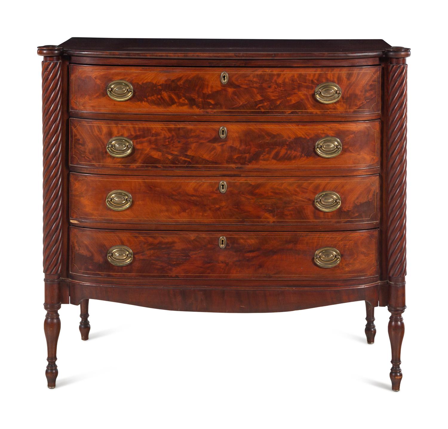 A Federal Spiral-Twist Carved Mahogany Bow Front Chest of Drawers