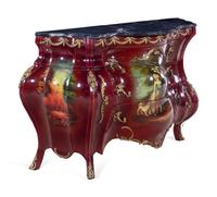 A Louis XV Style Gilt Metal and Vernis Martin Decorated Marble-Top Bombe Commode