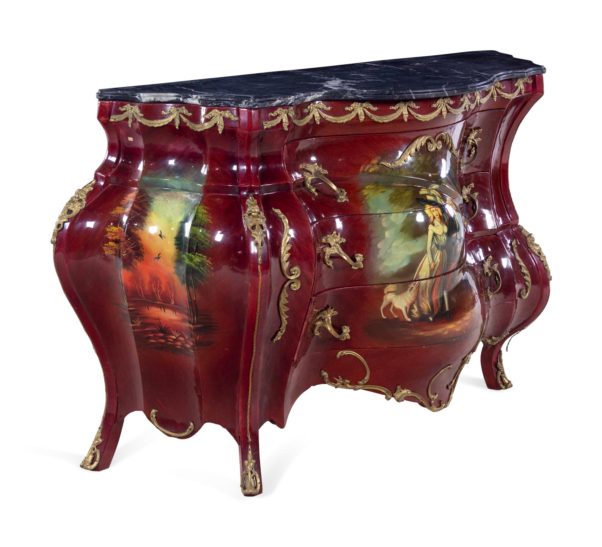 A Louis XV Style Gilt Metal and Vernis Martin Decorated Marble-Top Bombe Commode