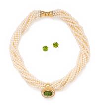 TONY WHITE, PERIDOT, DIAMOND AND CULTURED PEARL TORSADE PENDANT/NECKLACE