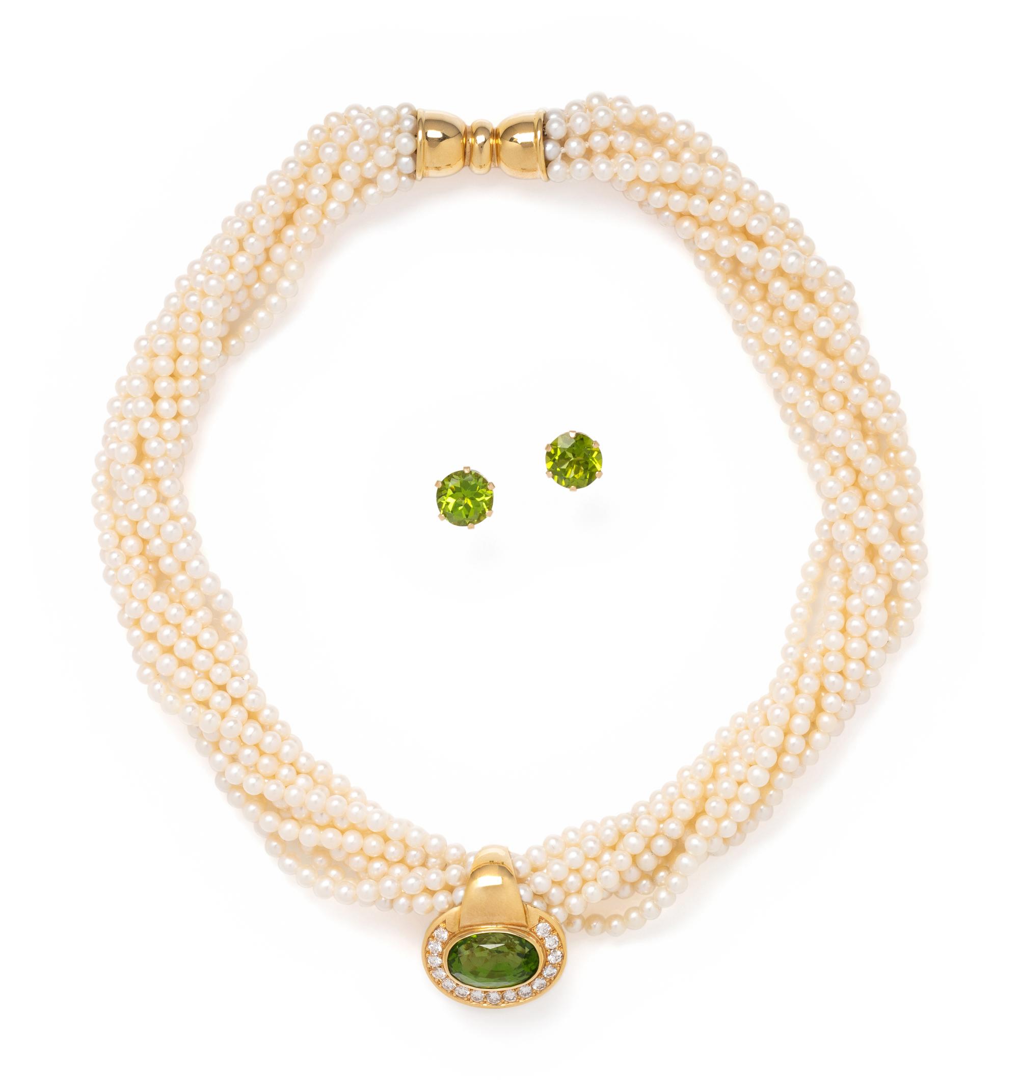 TONY WHITE, PERIDOT, DIAMOND AND CULTURED PEARL TORSADE PENDANT/NECKLACE