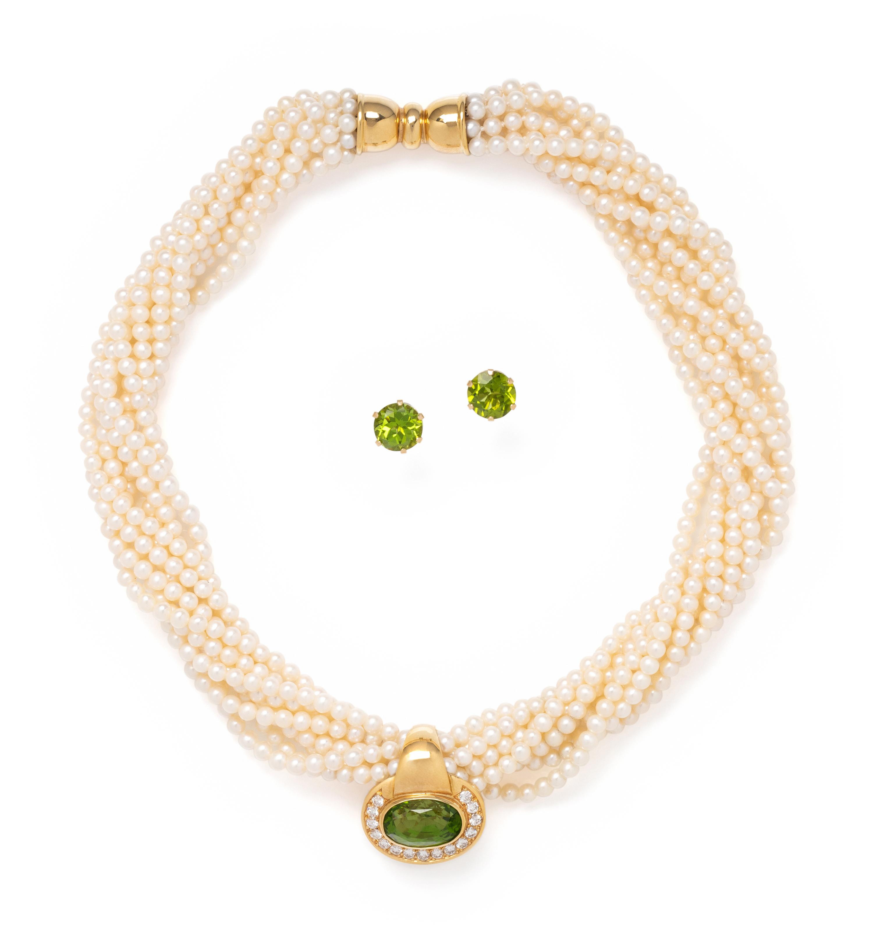 TONY WHITE, PERIDOT, DIAMOND AND CULTURED PEARL TORSADE PENDANT/NECKLACE
