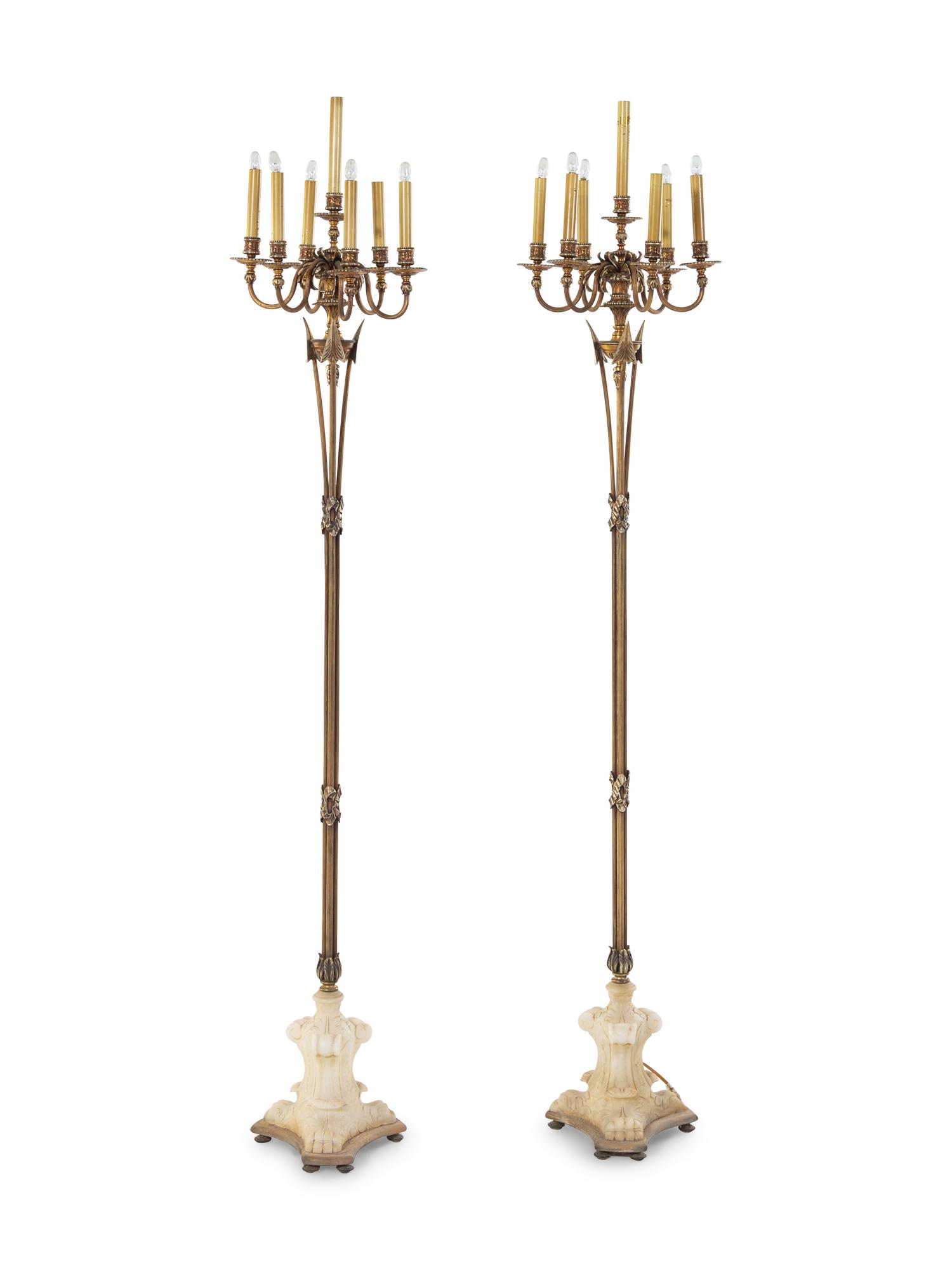 [WITH SILK SHADES] A Pair of Neoclassical Brass and Alabaster Torcheres