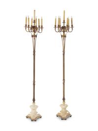 [WITH SILK SHADES] A Pair of Neoclassical Brass and Alabaster Torcheres