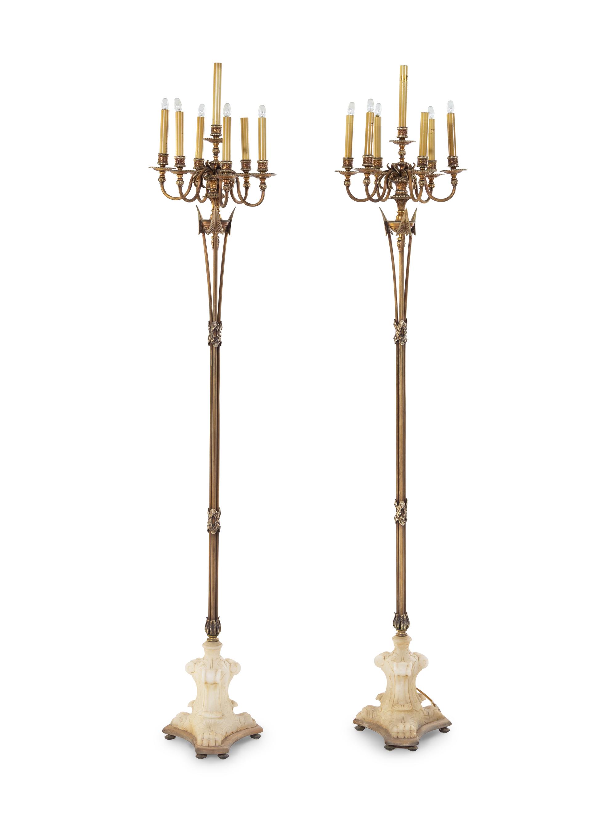 [WITH SILK SHADES] A Pair of Neoclassical Brass and Alabaster Torcheres