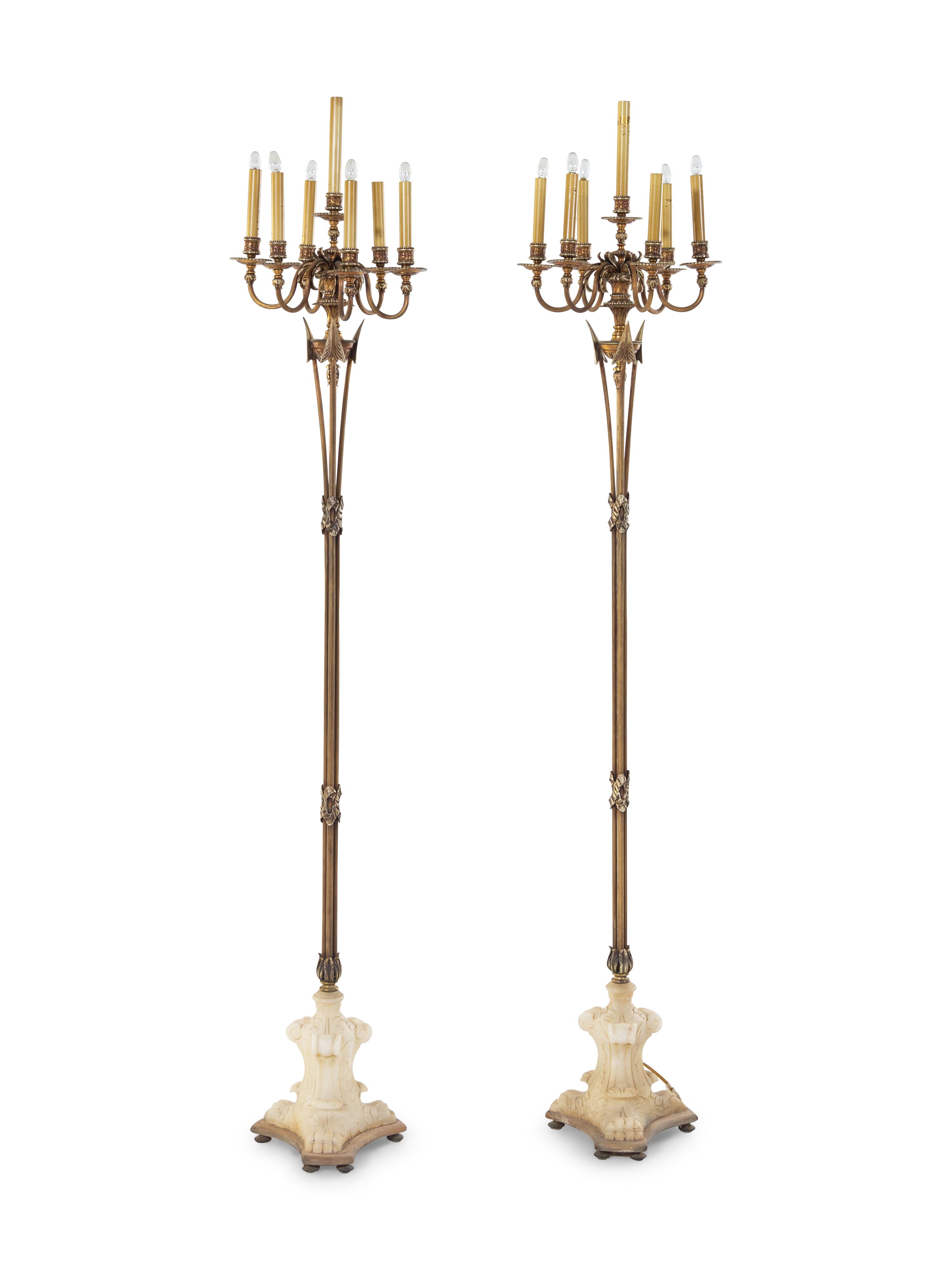 [WITH SILK SHADES] A Pair of Neoclassical Brass and Alabaster Torcheres
