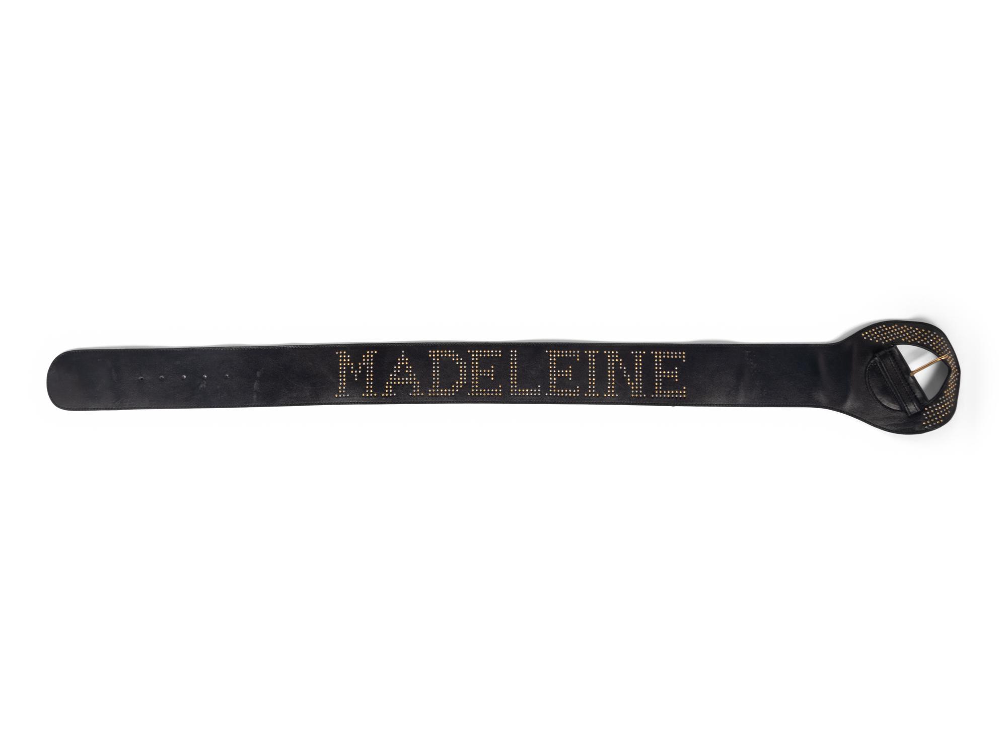 Black Studded Leather Belt Reading "Madeleine"