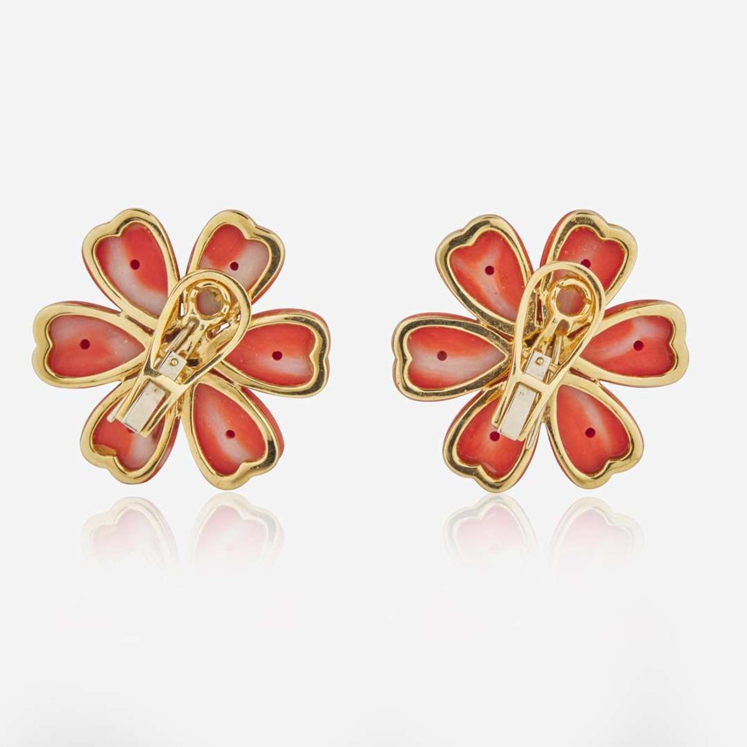 A Pair of 18K Yellow Gold, Coral, and Diamond Earrings