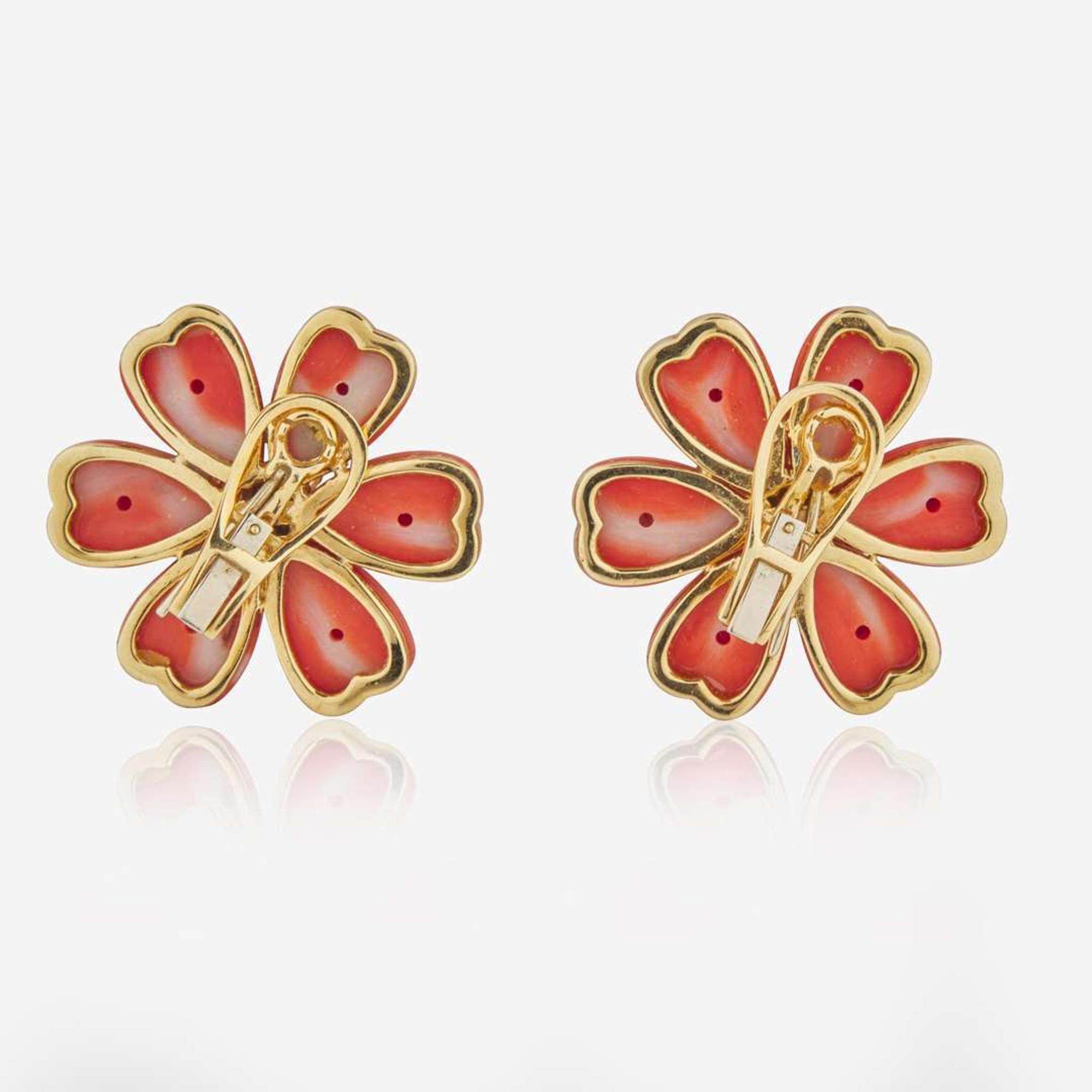 A Pair of 18K Yellow Gold, Coral, and Diamond Earrings