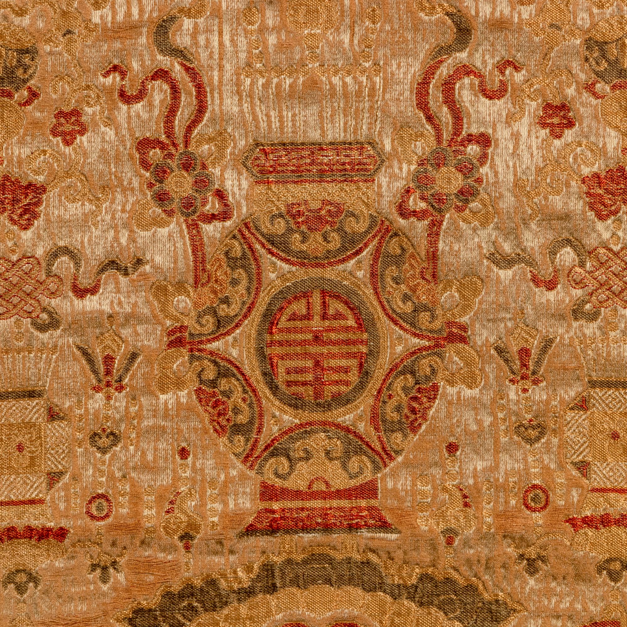 Two Chinese Silk Rectangular Panels, 19th Century 清晚期 織錦壽字紋椅披及石青緞牡丹紋綉片一幅
