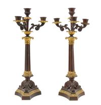 A Pair of Empire Style Gilt and Patinated Metal Four-Light Candelabra Height 16 5/8 inches.