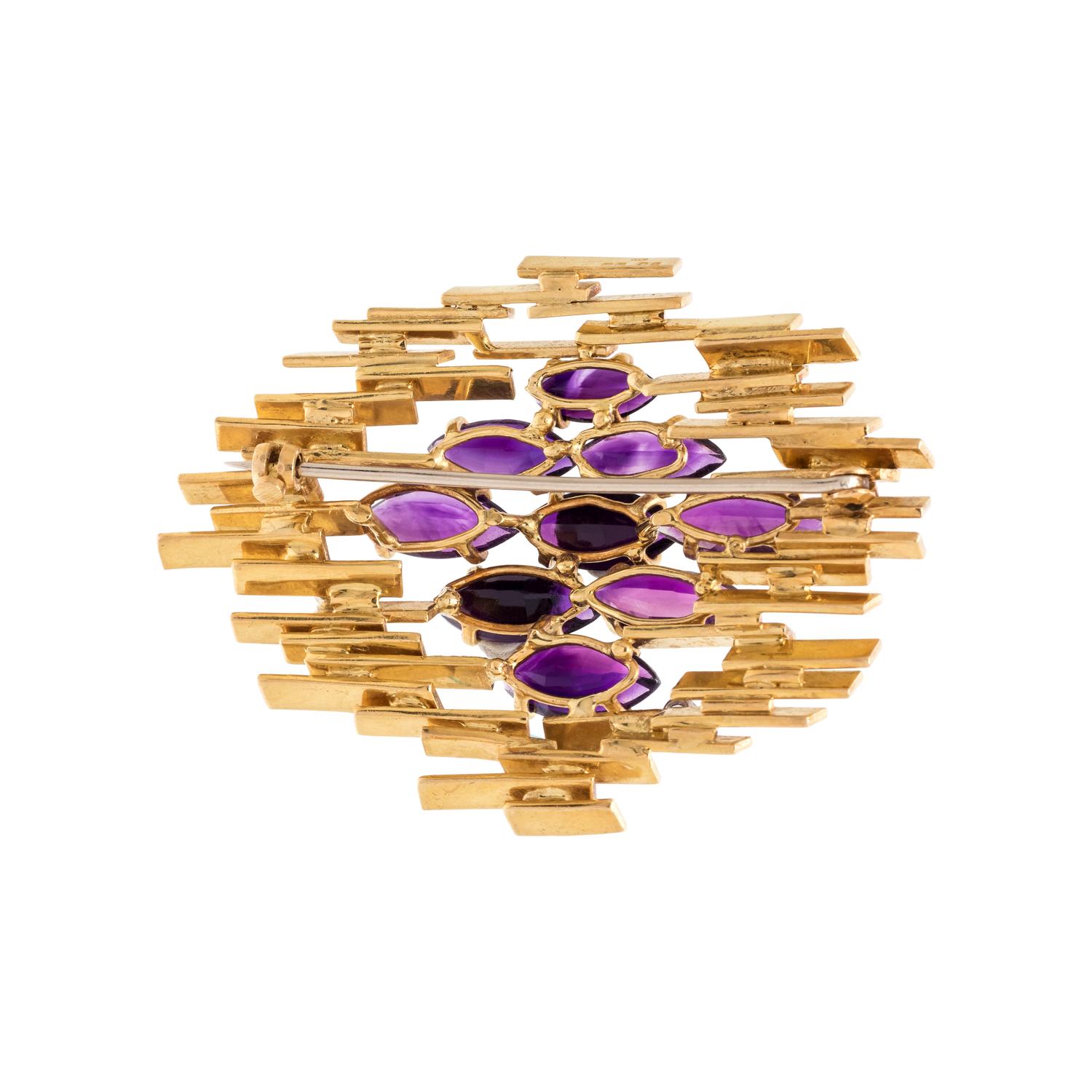 ALAN GARD, MODERNIST, YELLOW GOLD, AMETHYST AND DIAMOND BROOCH