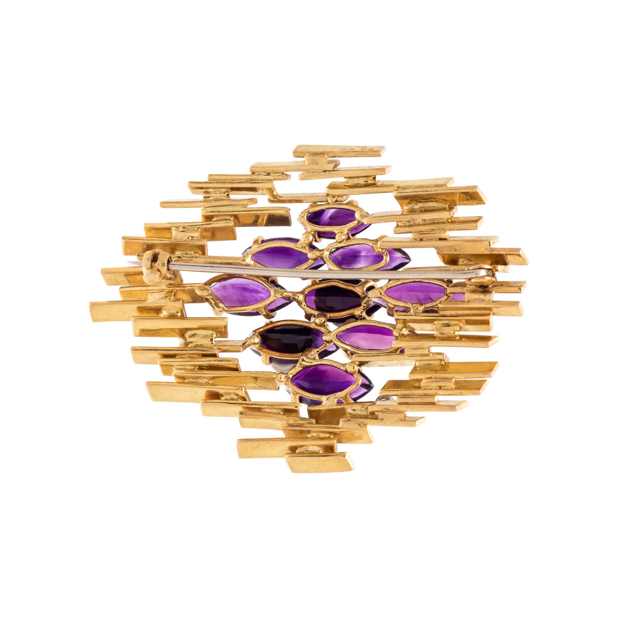 ALAN GARD, MODERNIST, YELLOW GOLD, AMETHYST AND DIAMOND BROOCH