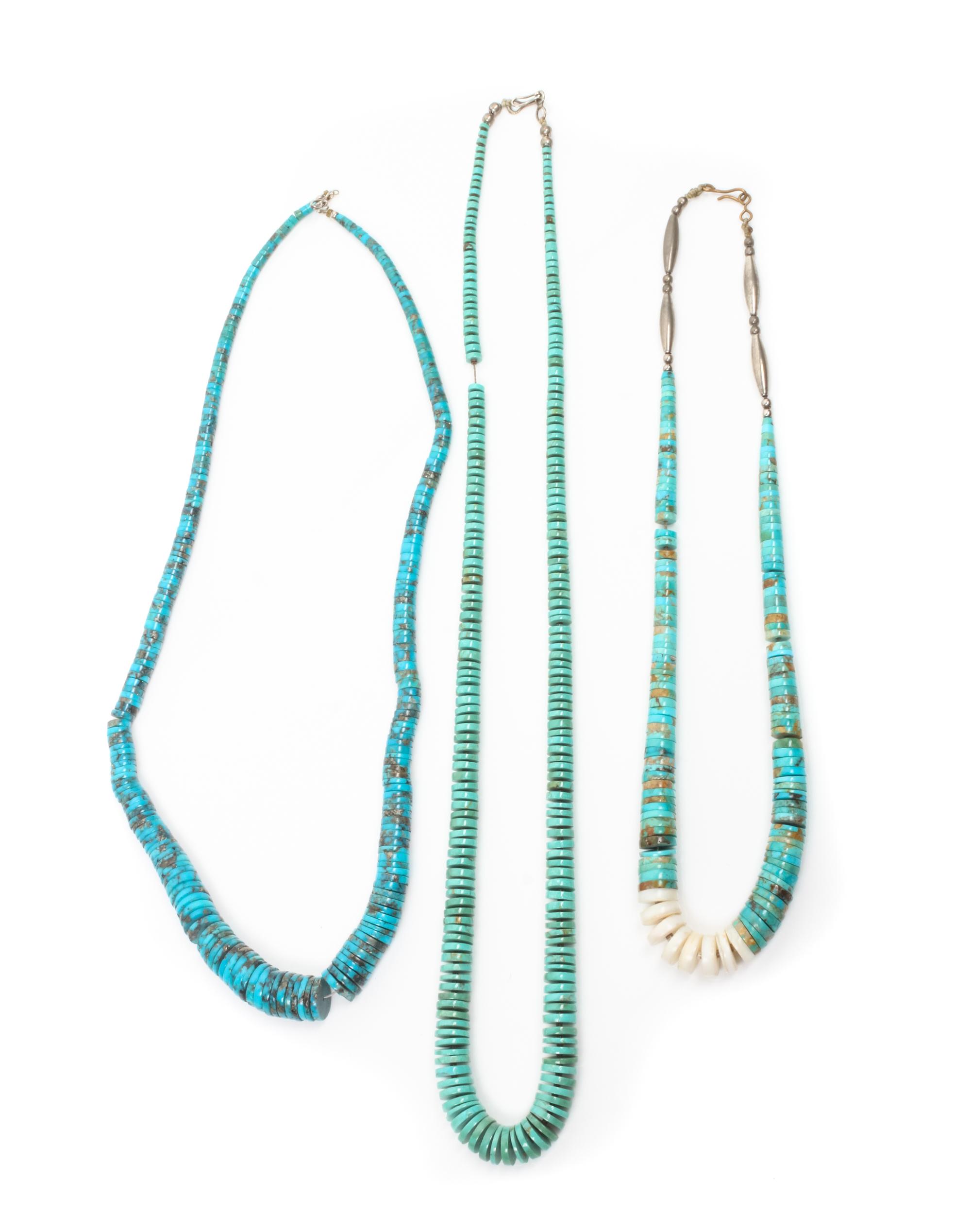 Three Graduated Turquoise Disc Necklaces Length of first 21 inches.
