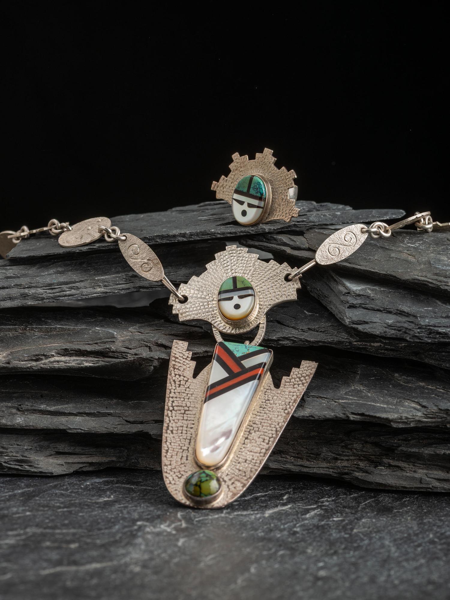Navajo or Zuni Figural Necklace and Ring, with Stand
